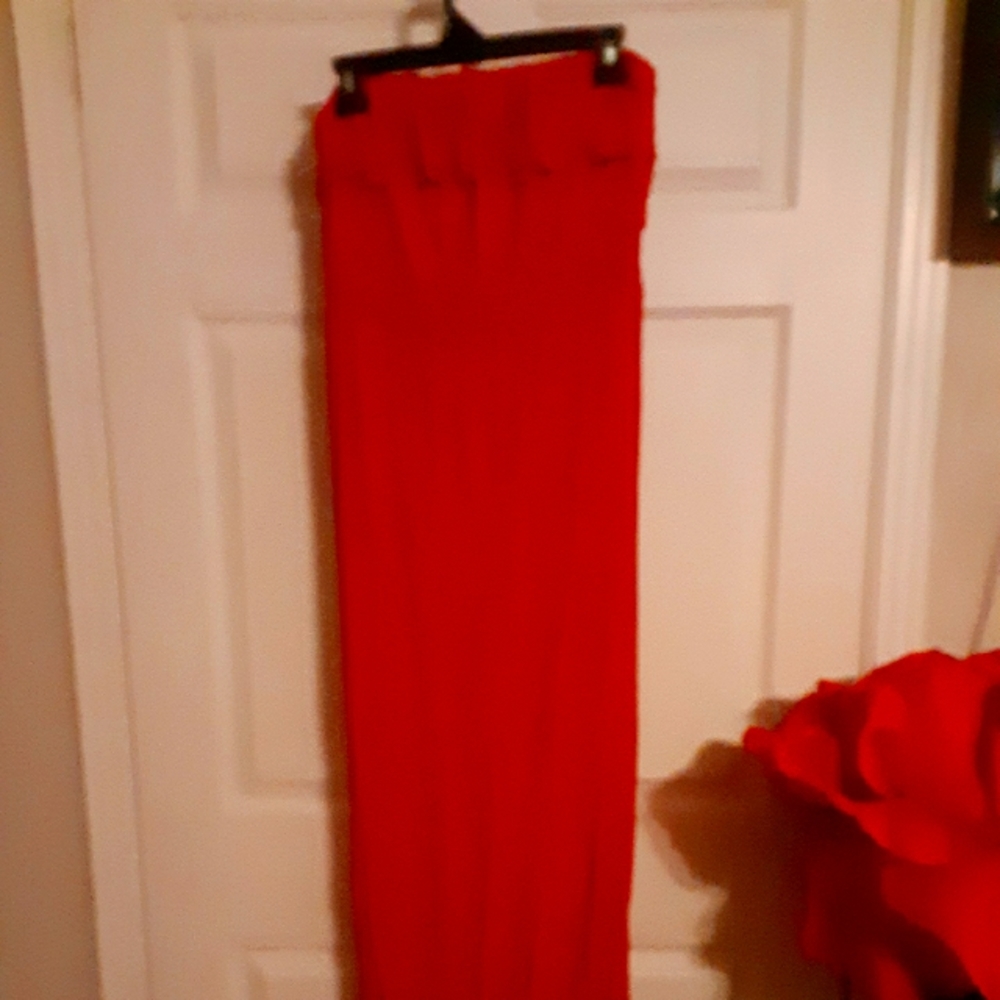 red maxi dress. no straps.